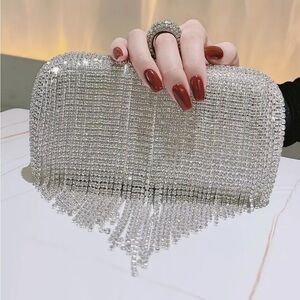 Elegant Silver Rhinestone Fringe Clutch